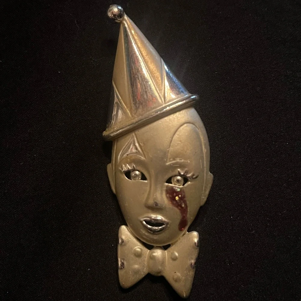 Vintage Silver Tone Clown Face Crying Brooch Purple Glitter